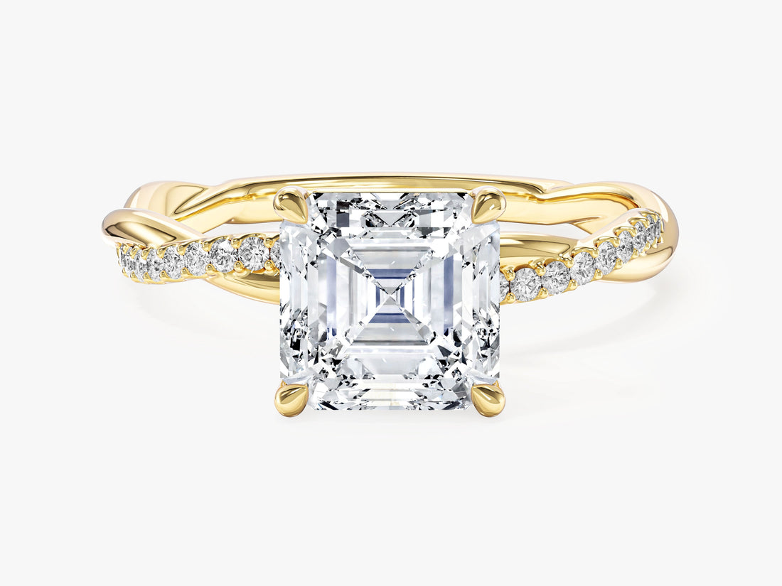 Asscher cut moissanite twisted pave engagement ring in yellow gold, front view