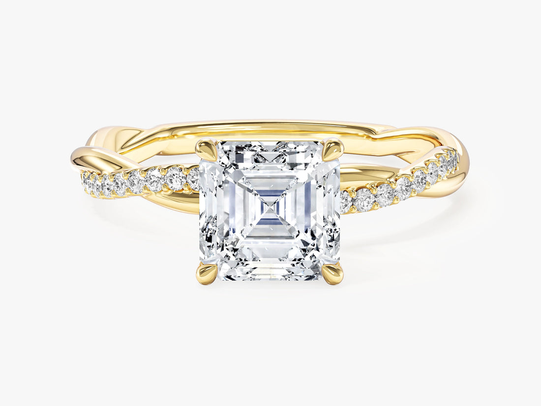Asscher lab grown diamond infinity twist engagement ring with half pave band in yellow gold, front view