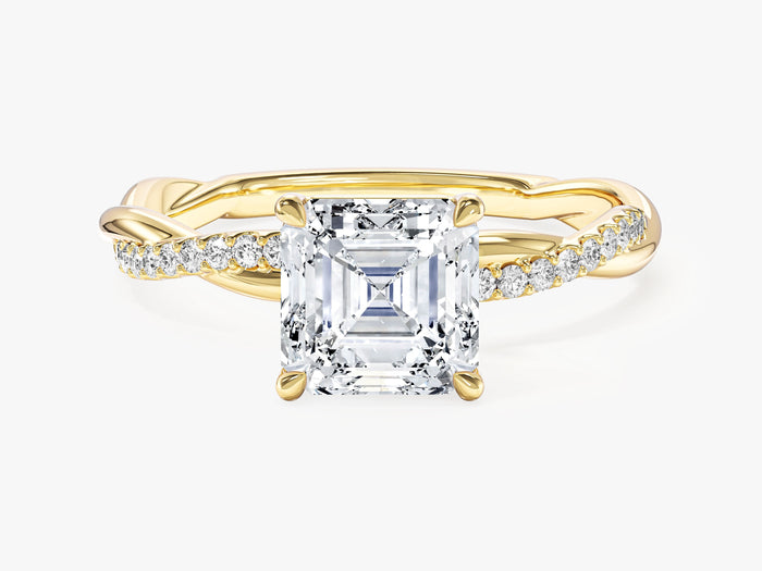 Asscher lab grown diamond infinity twist engagement ring with half pave band in yellow gold, front view