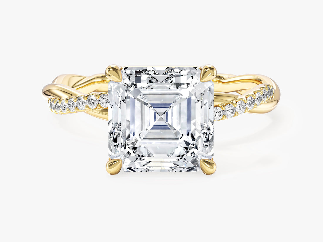 Large asscher lab grown diamond crossover twist engagement ring with pave strand in yellow gold, front view