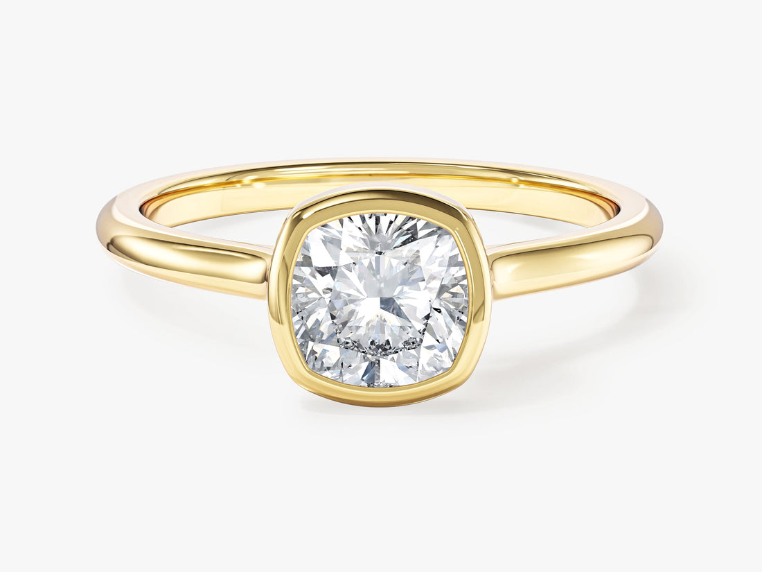 Cushion lab grown diamond bezel solitaire engagement ring in yellow gold, front view