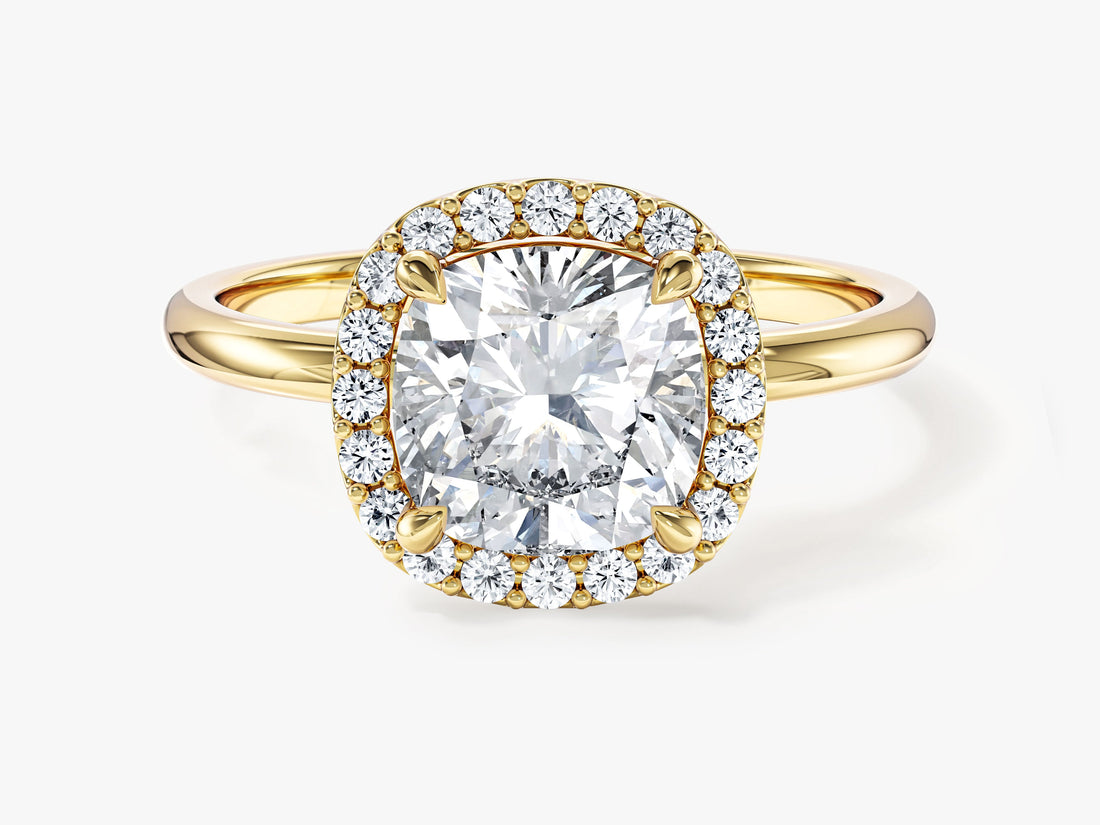 Cushion halo moissanite engagement ring with plain band in yellow gold, front view