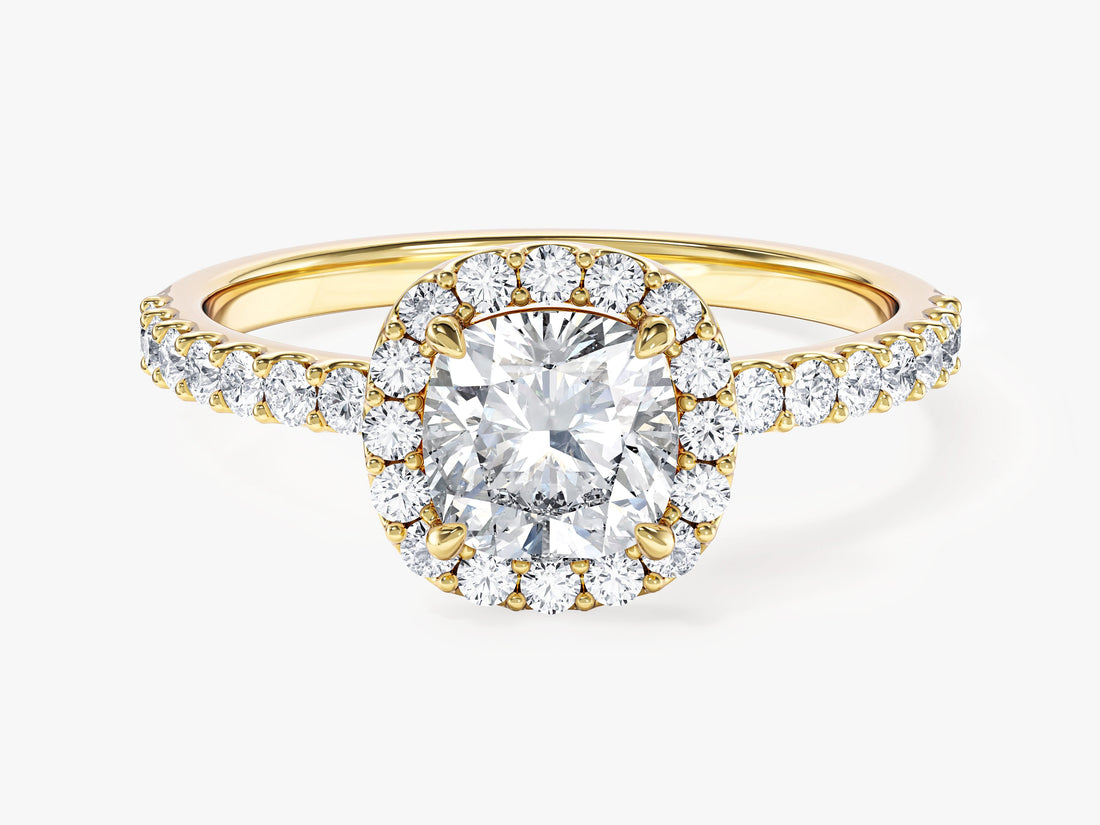 Classic cushion cut moissanite pave halo engagement ring in yellow gold, front view