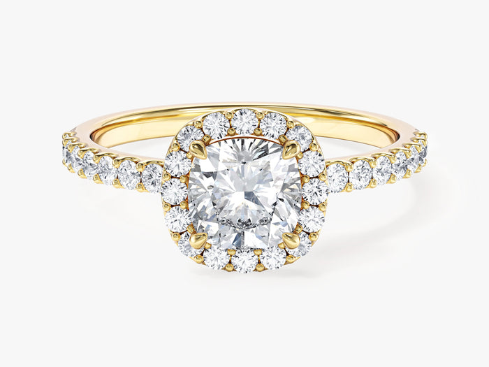Classic cushion cut moissanite pave halo engagement ring in yellow gold, front view