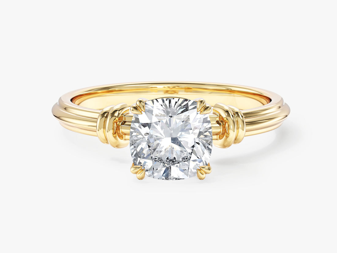 Cushion lab grown diamond knot engagement ring with double claws and ribbed band in yellow gold, front view
