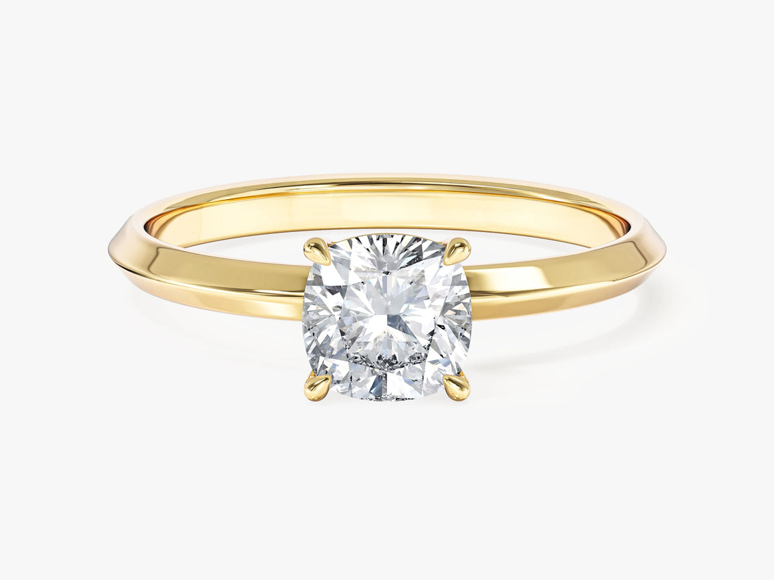 Square cushion lab grown diamond solitaire with tapered knife edge shank in yellow gold, front view