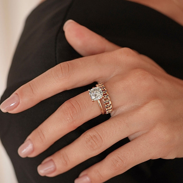 Cushion cut moissanite plain band solitaire engagement ring in yellow gold, view 2