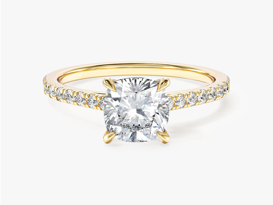 Cushion cut lab grown diamond half pave engagement ring in yellow gold, front view