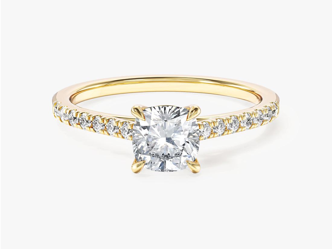 Cushion lab grown diamond micro pave engagement ring in yellow gold, front view