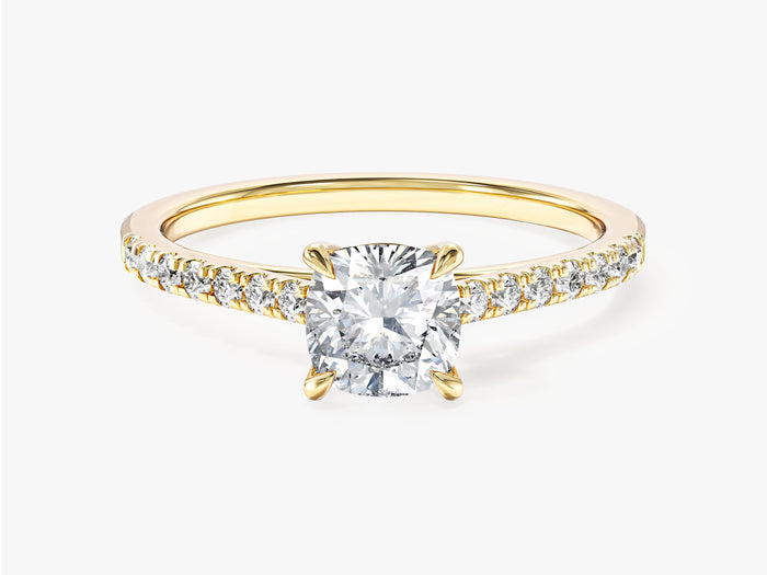 Cushion lab grown diamond micro pave engagement ring in yellow gold, front view