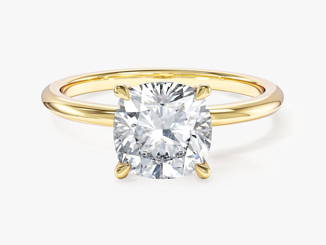 Square cushion moissanite solitaire engagement ring in yellow gold, front view