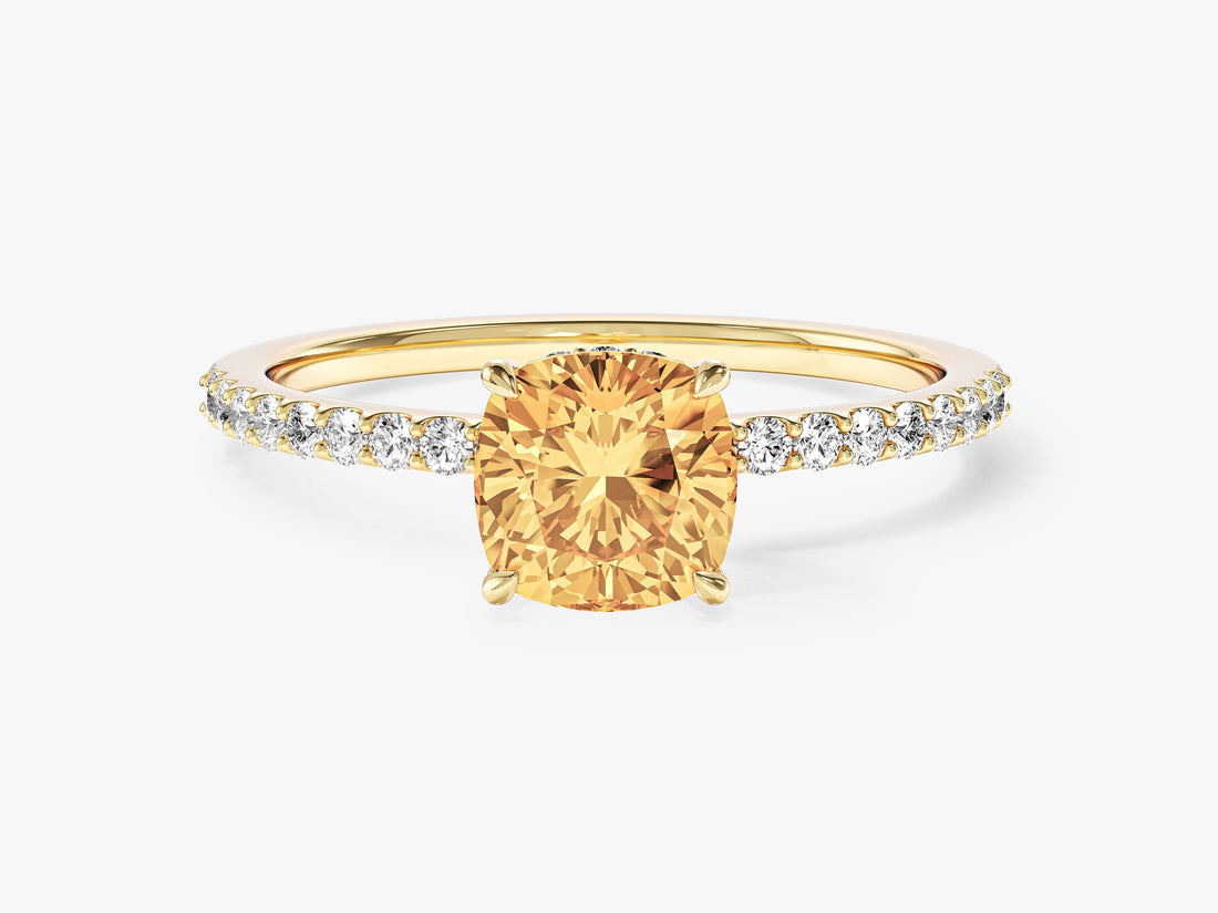 Cushion moissanite solitaire engagement ring with pave band in 14K yellow gold, yellow display stone