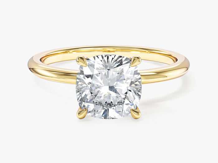 Square cushion lab grown diamond claw prong solitaire in yellow gold, front view