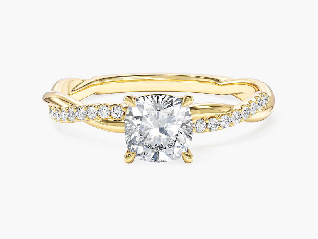 Cushion cut moissanite twisted pave engagement ring in 14K yellow gold, front view
