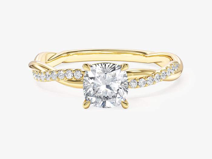 Dainty cushion lab grown diamond braided rope engagement ring in yellow gold, front view