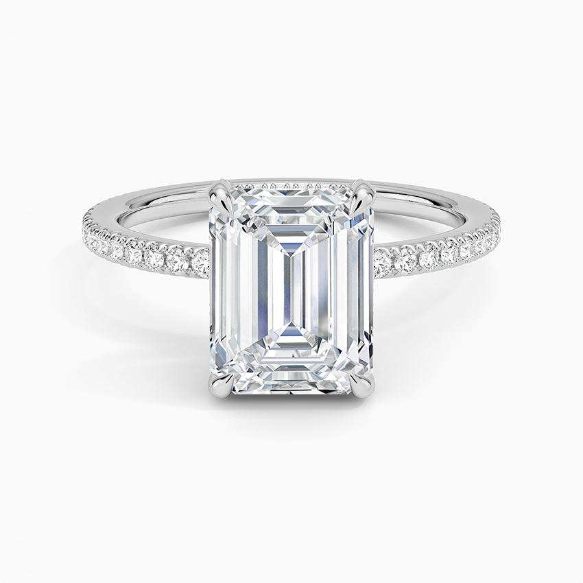 Emerald cut moissanite hidden halo micro pave engagement ring in white gold, top view