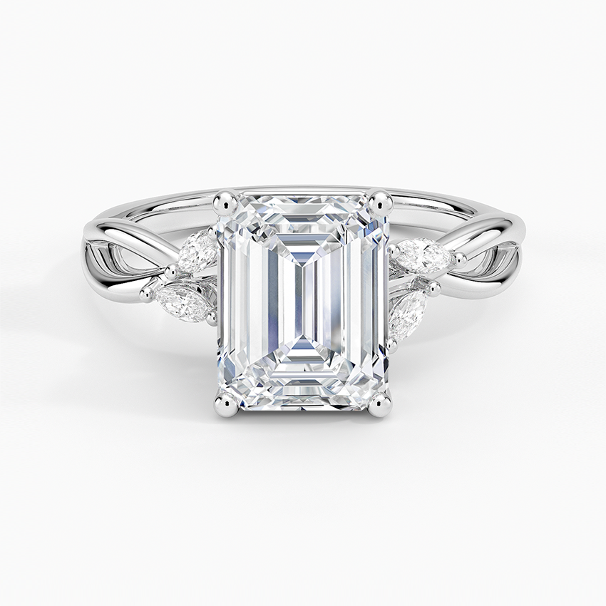 Emerald cut moissanite braided vine engagement ring with marquise and round accents in white gold, top view