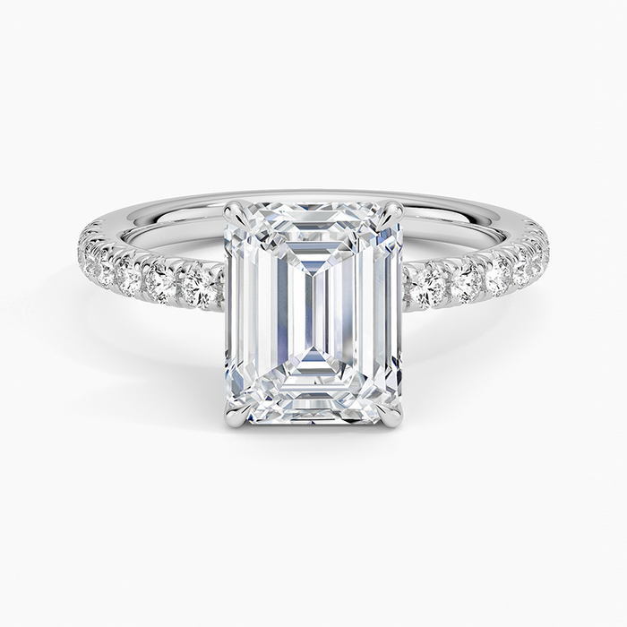 Emerald cut moissanite petite pave solitaire engagement ring in white gold, top view