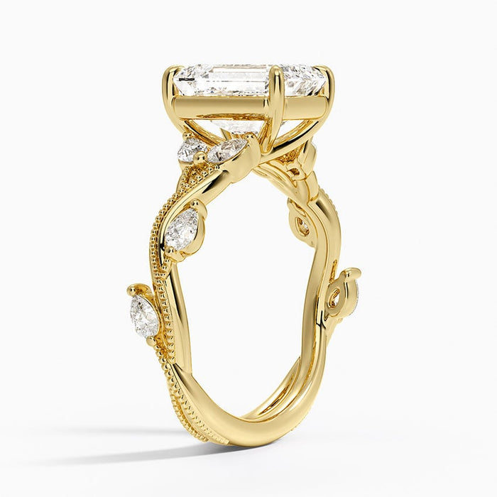 Side profile showing the entwined vines, marquise leaves and milgrain stems