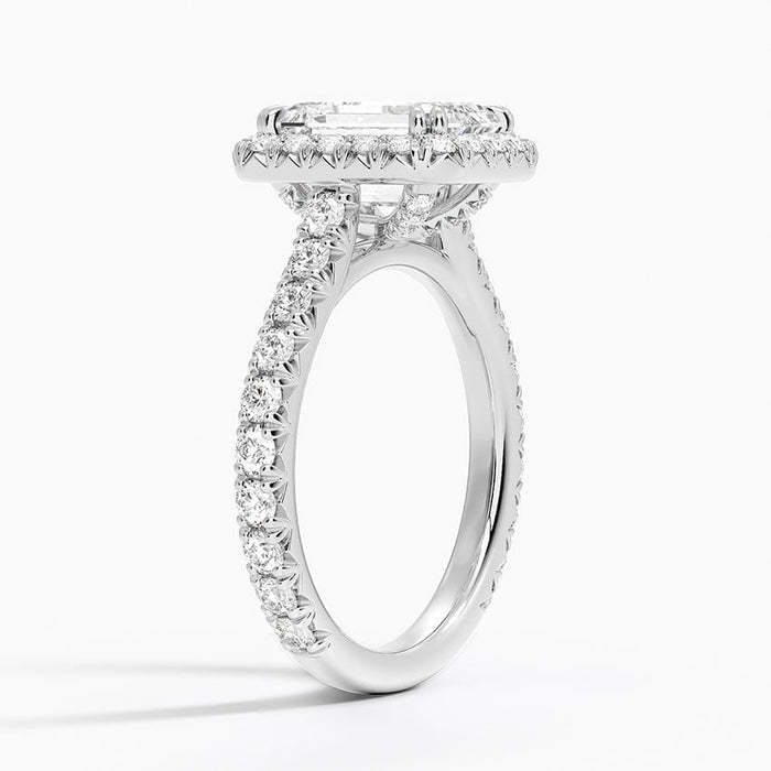 Side profile showing the halo, cathedral shoulders and pave band