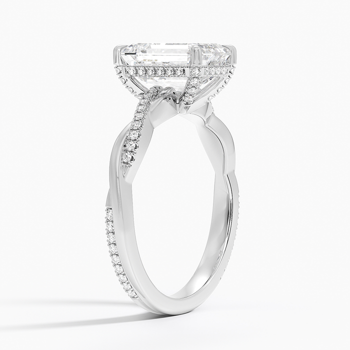 Side profile showing the twisted pave strands and hidden halo under the head