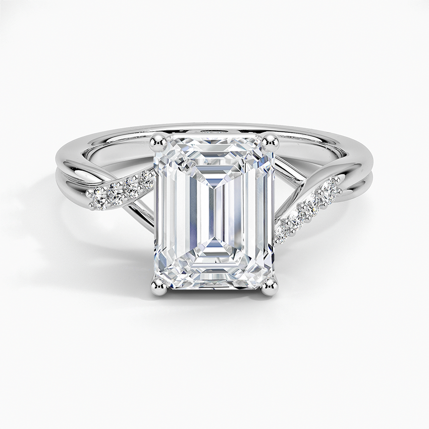 Emerald cut moissanite infinity twist pave solitaire ring in white gold, top view