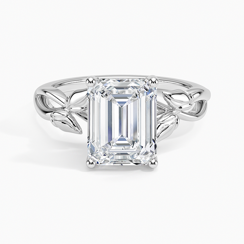 Emerald cut moissanite sculpted willow branch solitaire ring in white gold, top view