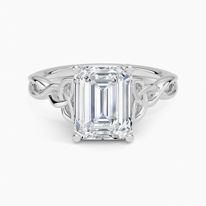 Emerald cut moissanite Celtic knot openwork solitaire ring in white gold, top view