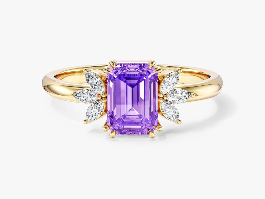 Emerald cut moissanite engagement ring setting with marquise leaf clusters in 14K yellow gold, purple display stone