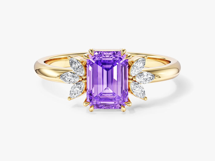 Emerald cut moissanite engagement ring setting with marquise leaf clusters in 14K yellow gold, purple display stone
