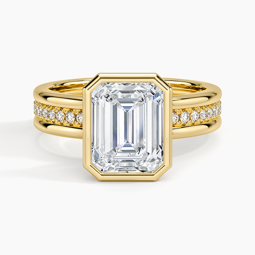 Emerald cut moissanite in a full octagonal bezel on a triple row pave band in yellow gold, top view