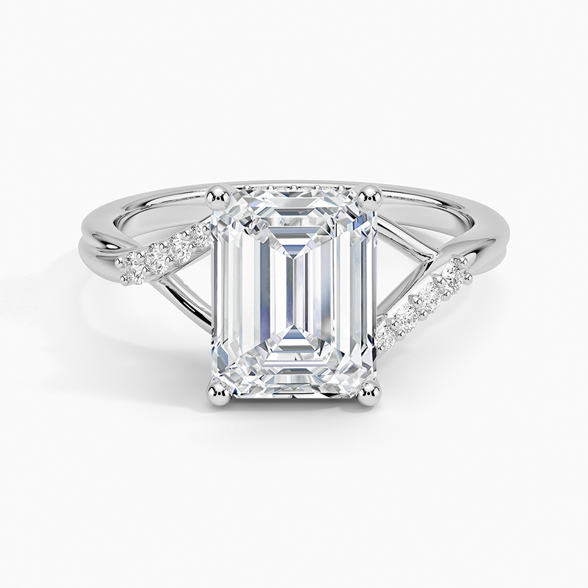 Emerald cut moissanite crossover split shank engagement ring in white gold, top view