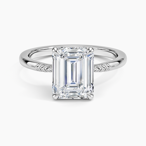Emerald Cut Moissanite Hand Engraved Leaf Vine Solitaire Engagement Ring
