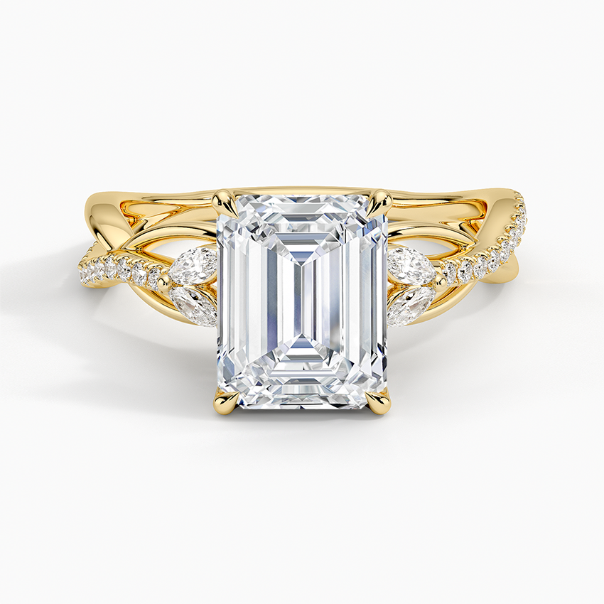 Emerald cut moissanite marquise vine twist engagement ring in yellow gold, top view