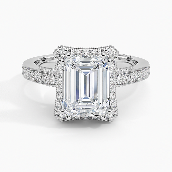 Emerald Cut Moissanite Milgrain Halo Vintage Openwork Engagement Ring