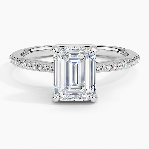 Emerald cut moissanite with micropave shoulders in white gold, top view