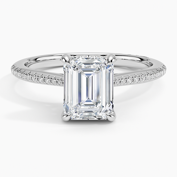 Emerald Cut Moissanite Split Shank Hidden Halo Micropave Engagement Ring