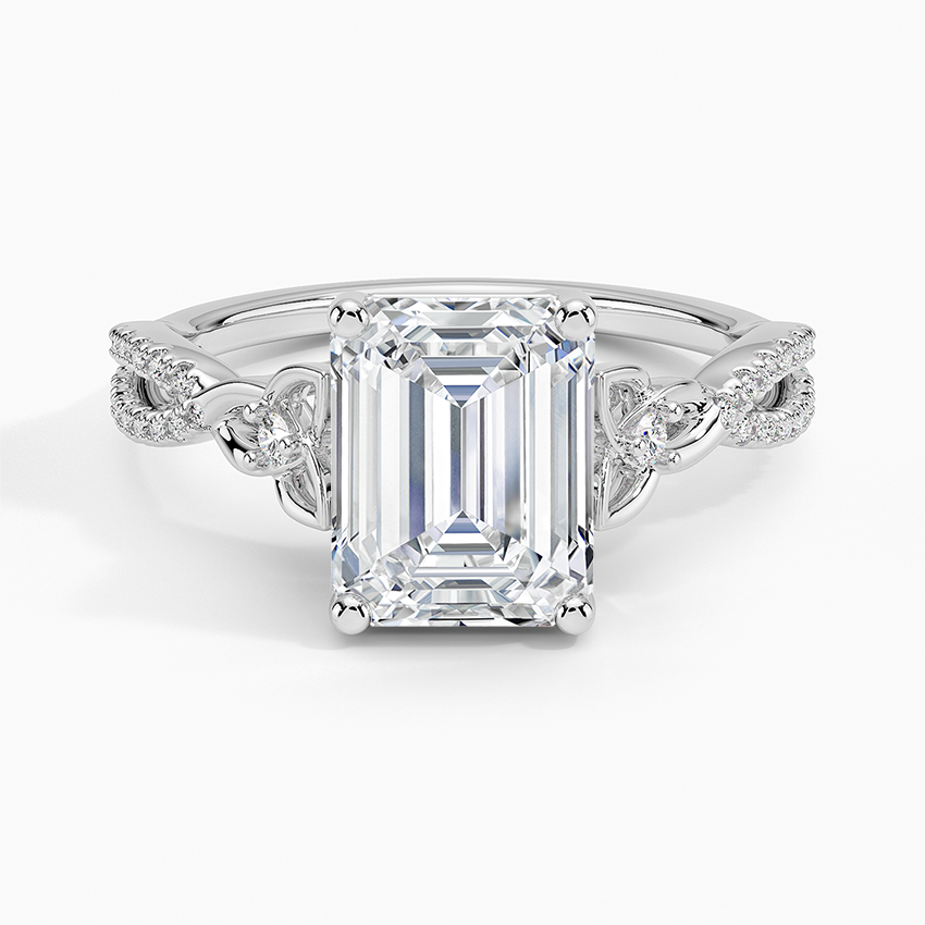 Emerald cut moissanite woven braid pave engagement ring in white gold, top view