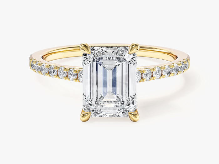 Emerald lab grown diamond micro pave engagement ring in yellow gold, front view