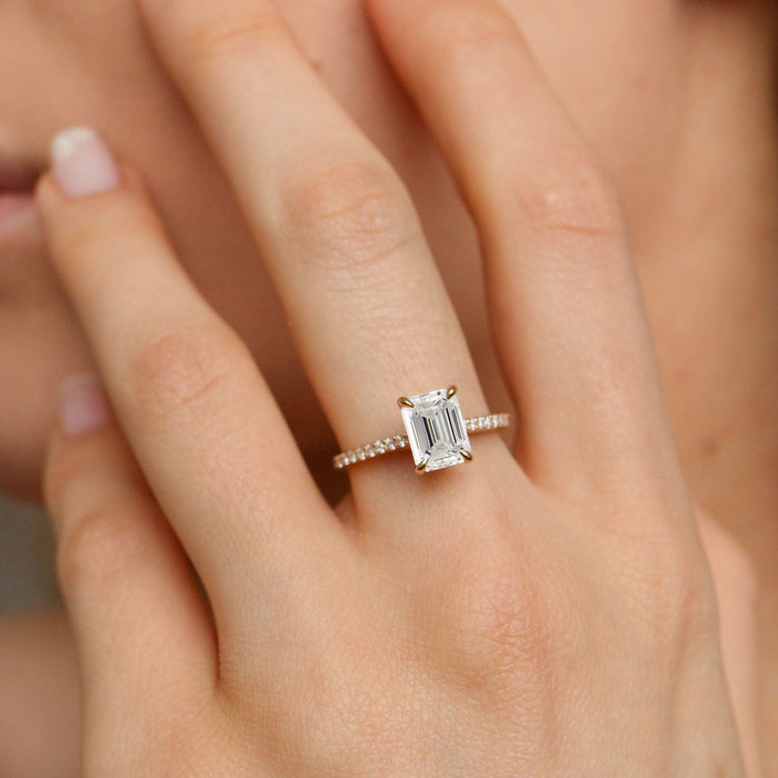 Emerald cut moissanite pave band engagement ring in rose gold, view 2
