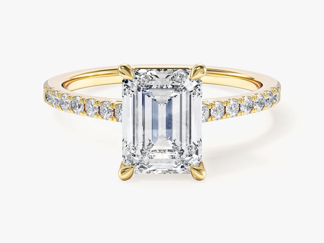 Emerald cut moissanite pave solitaire engagement ring with petal claws in 14K yellow gold, front view