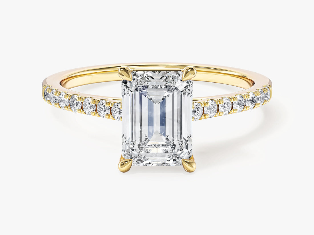 Emerald moissanite micro pave engagement ring, classic rectangle solitaire in 14K yellow gold, front view