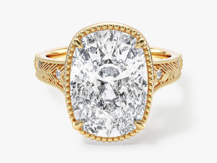 Elongated cushion lab grown diamond vintage engagement ring with milgrain frame in yellow gold, front view