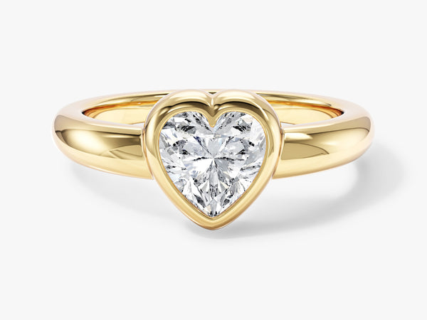 Heart Shaped Moissanite Bezel Solitaire Engagement Ring with Rounded Dome Band in Silver, 10K, 14K and 18K Gold