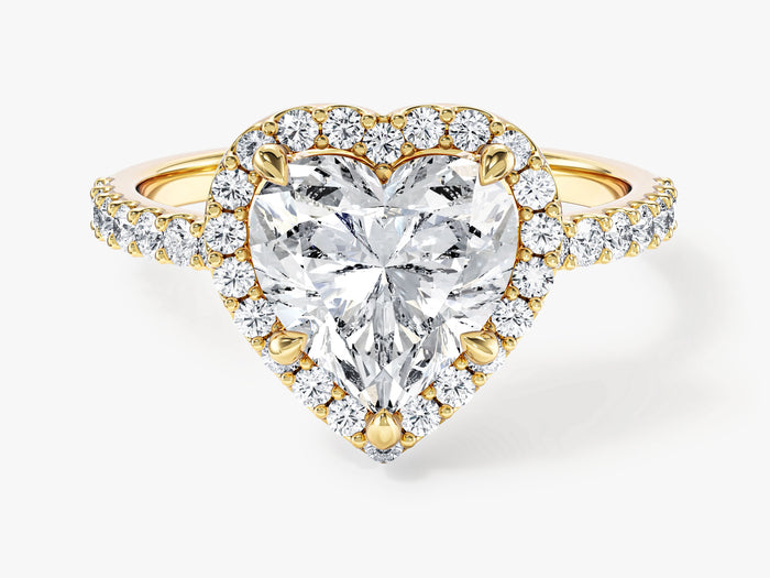 Heart shaped moissanite halo engagement ring with pave band in 14K yellow gold, front view