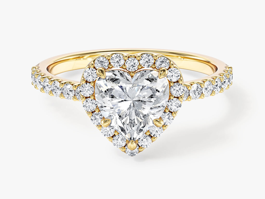 Dainty heart moissanite halo engagement ring with micro pave band in 14K yellow gold, front view