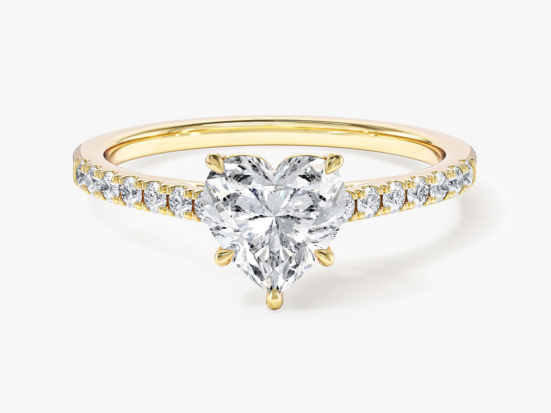Heart cut moissanite pave band engagement ring in 14K yellow gold, front view