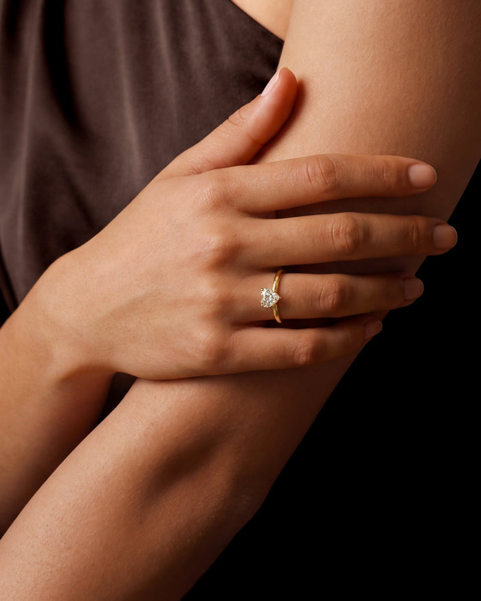 Heart lab grown diamond solitaire engagement ring on a hand resting on the forearm