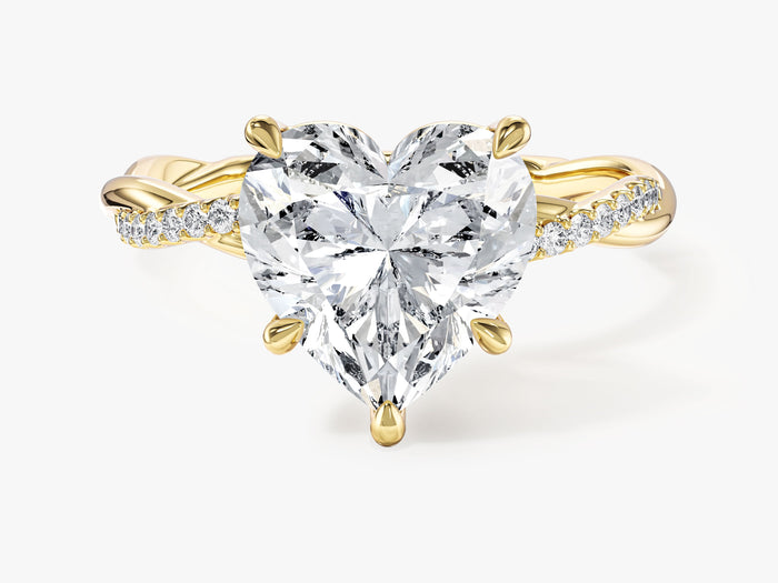 Large heart lab grown diamond crossover twist engagement ring in yellow gold, front view