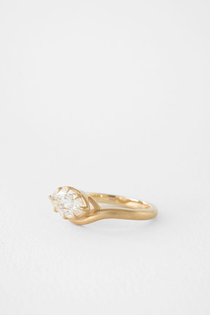 East west marquise moissanite brushed gold bezel engagement ring in yellow gold, view 2